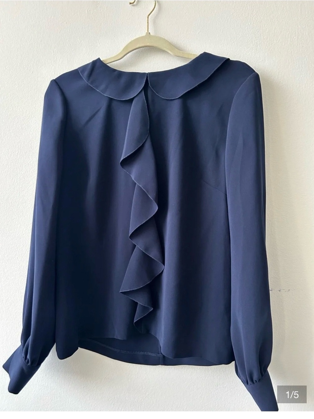 Brooks Brothers Navy Ruffle-Front Blouse with Peter Pan Collar